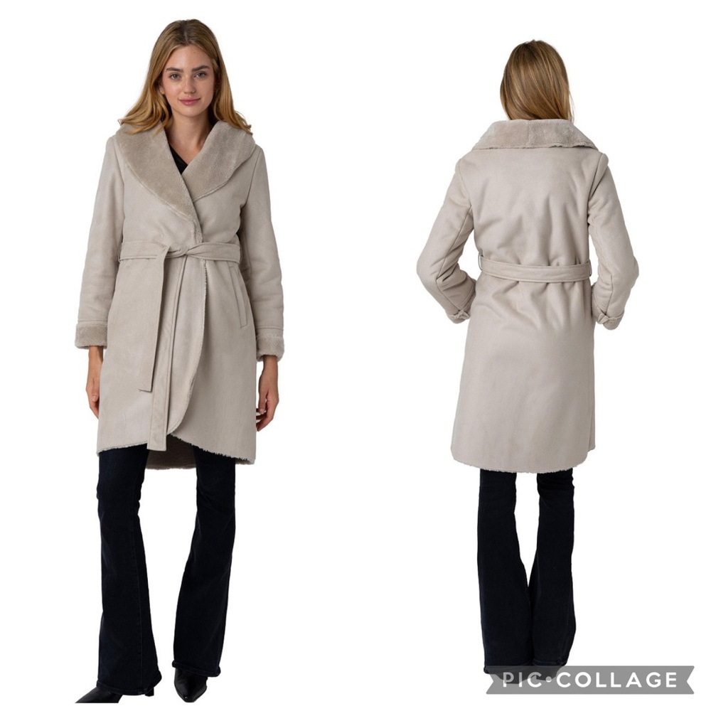 Via Spiga Faux Fur Trim Belted Wrap